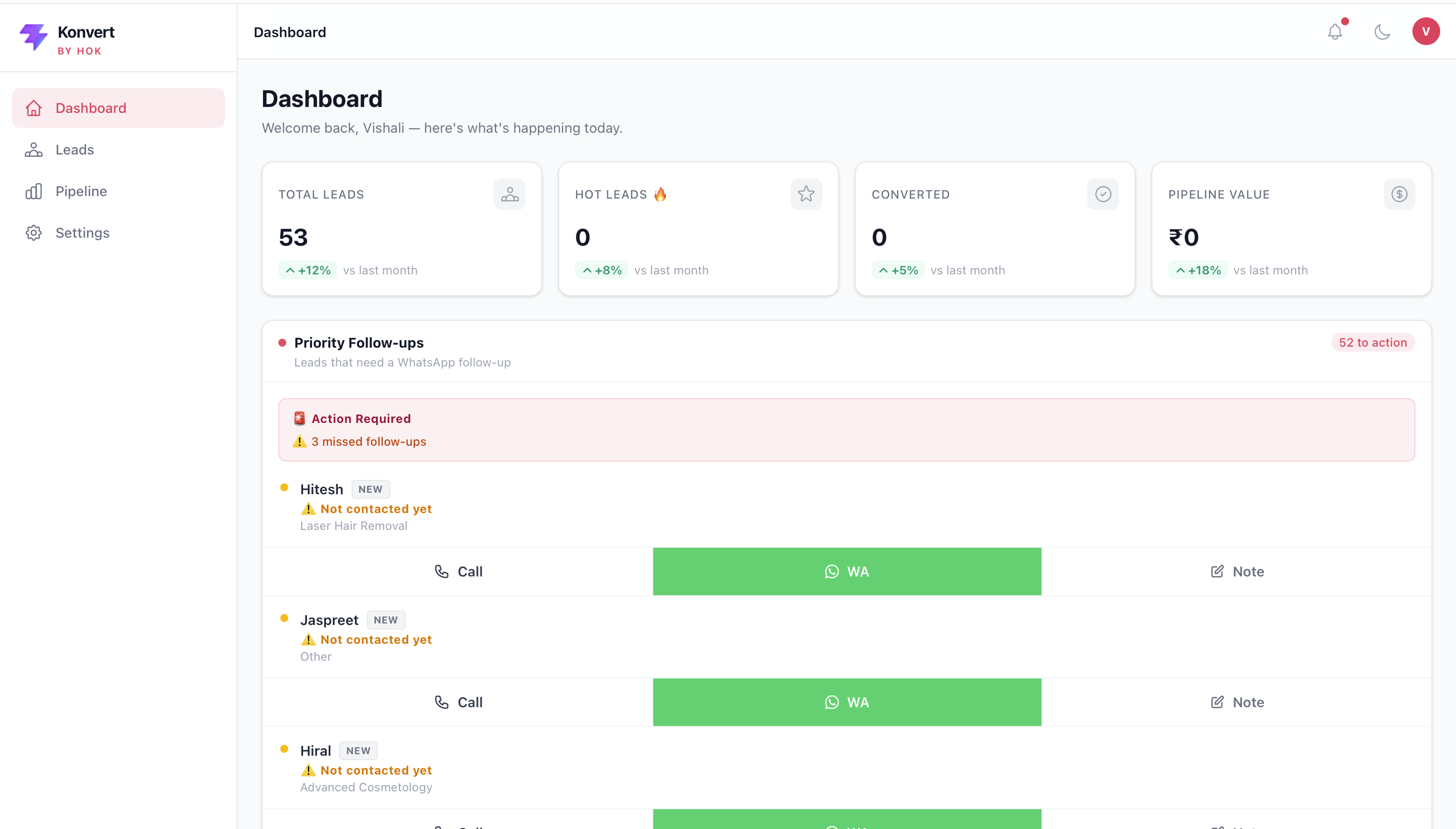 Konvert dashboard showing live leads and follow-ups